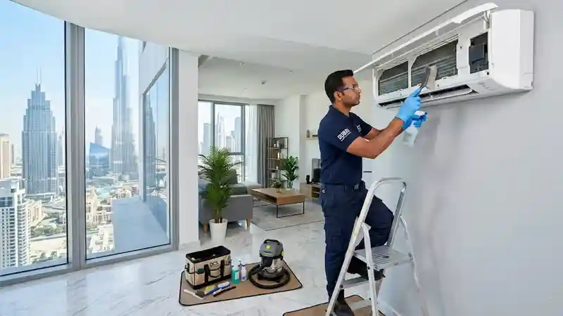 AC maintenance technician servicing a split AC unit in a Dubai apartment