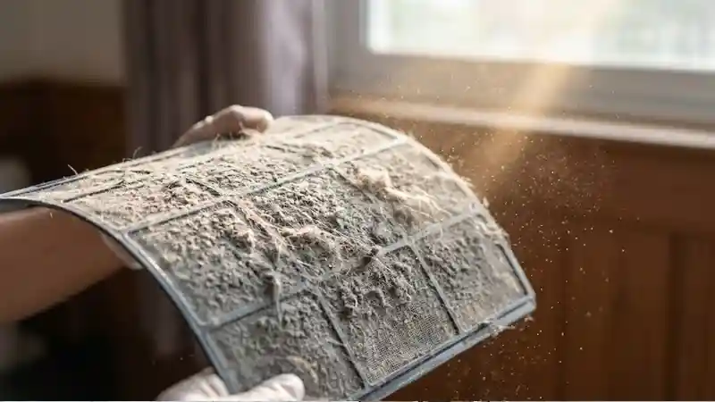 Dusty AC filter from a Dubai apartment showing why frequent AC servicing is essential in UAE climate