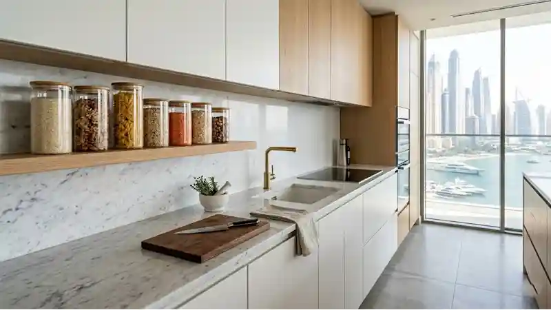 Clean and organised Dubai apartment kitchen with sealed food containers and no crumbs — pest prevention best practices