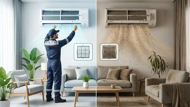 Side by side comparison of a dirty black AC filter vs a clean white AC filter showing the health impact