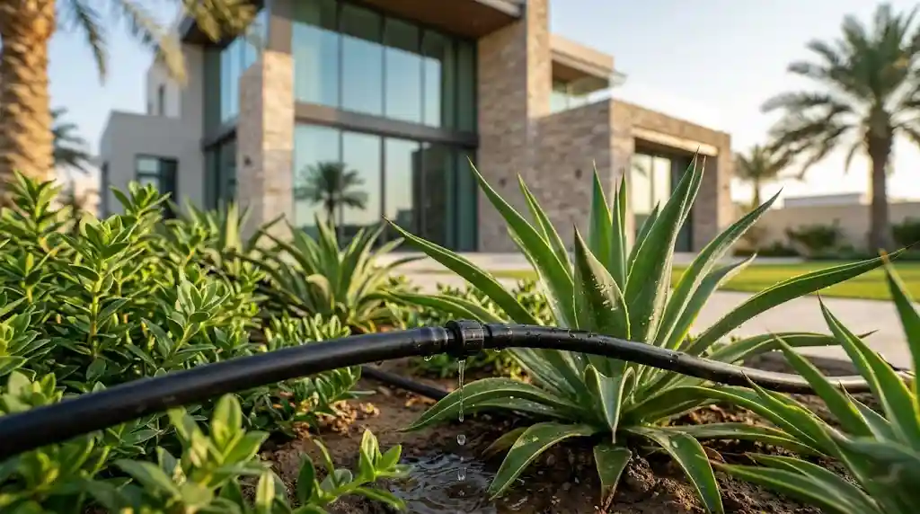 Areca palms lining a Dubai villa garden providing tropical privacy screening