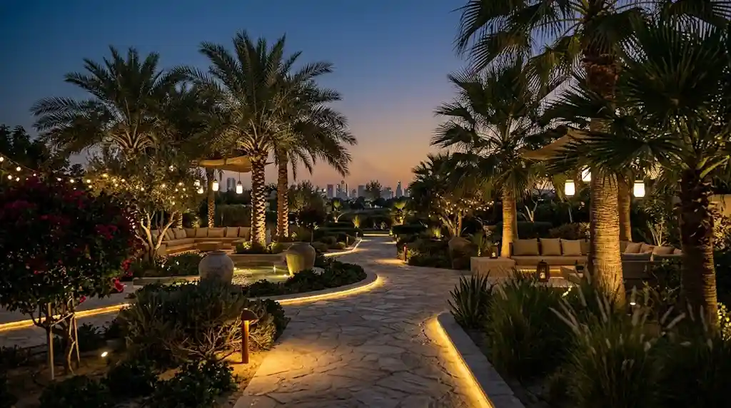 Healthy Bermuda grass lawn in a Dubai villa garden with green lush coverage