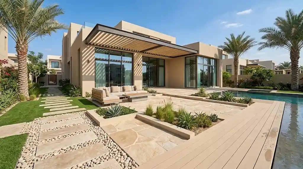 Beautiful UAE villa garden with palms, bougainvillea and tropical plants