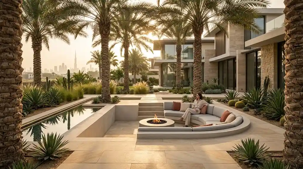 Villa garden landscaping in Dubai showing lush plants, paving and irrigation
