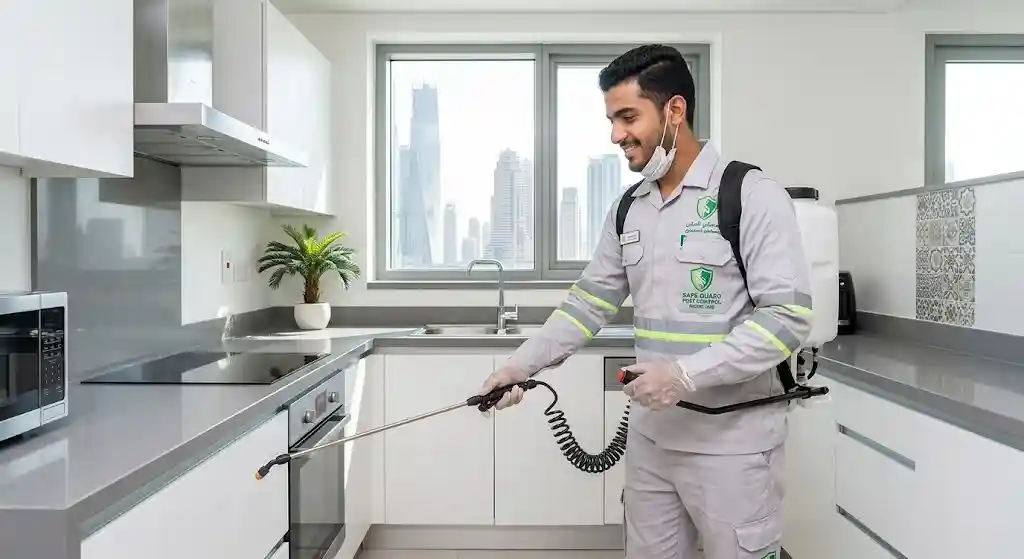 Pest control technician treating a Dubai apartment kitchen