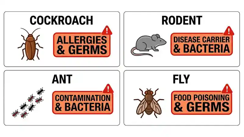 Infographic showing health risks from common Dubai pests including cockroaches, rodents and ants