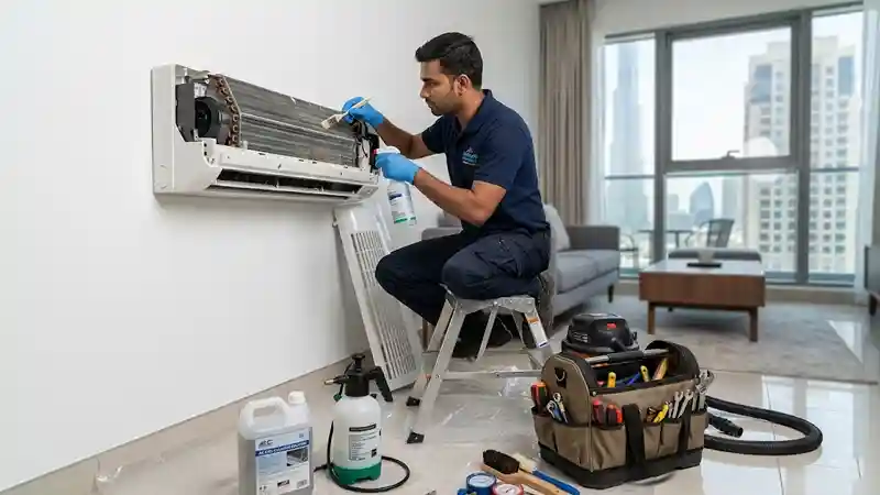 AC technician cleaning evaporator coils with pressurised foam cleaner during professional AC service in Dubai
