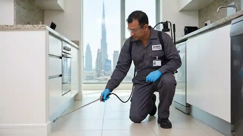 UAE Building Services pest control technician treating a Dubai apartment for cockroach infestation
