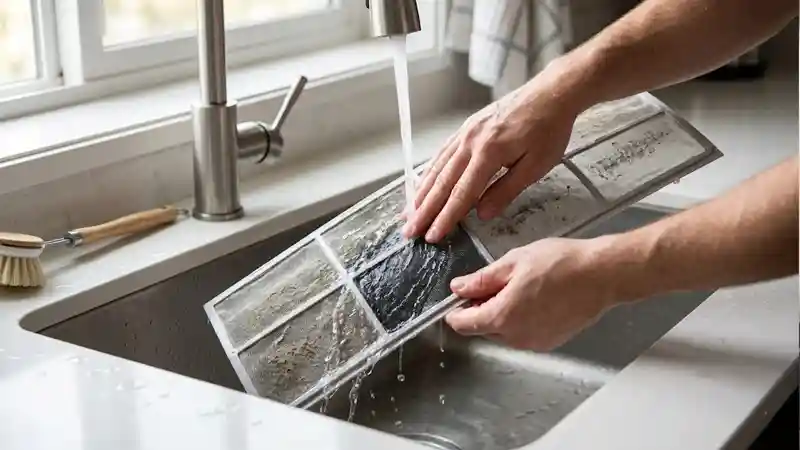 Person removing and washing a dusty split AC filter at home in Dubai apartment
