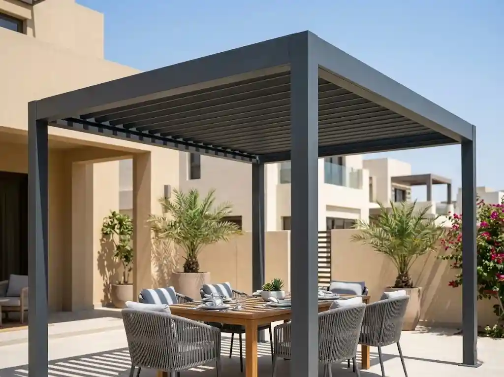 Fixed aluminium pergola outdoor dining UAE