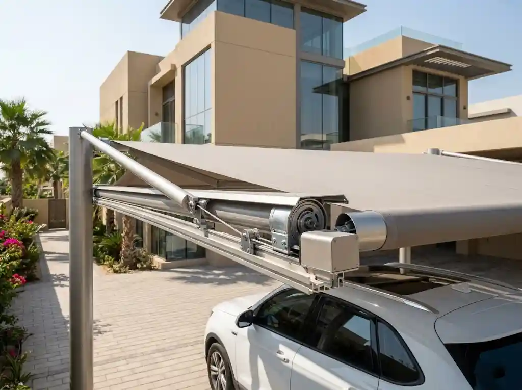 Motorised retractable car shade UAE villa