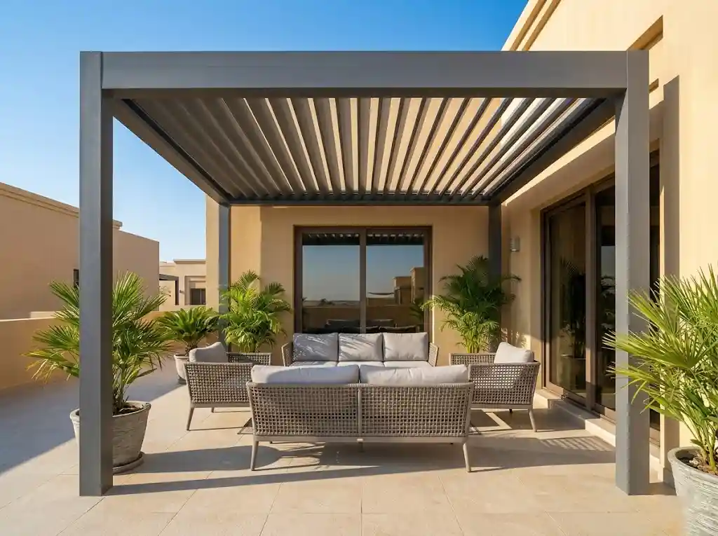 Motorised louvred pergola Dubai villa terrace