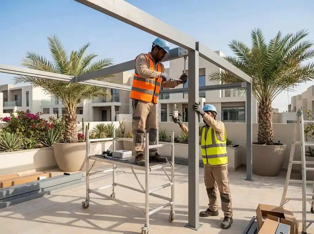 Pergola installation process UAE — aluminium frame assembly