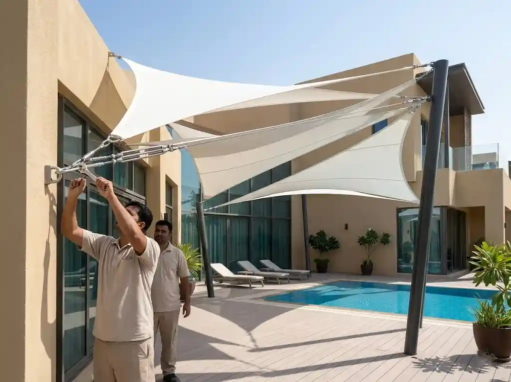 Sail shade pergola over villa pool UAE